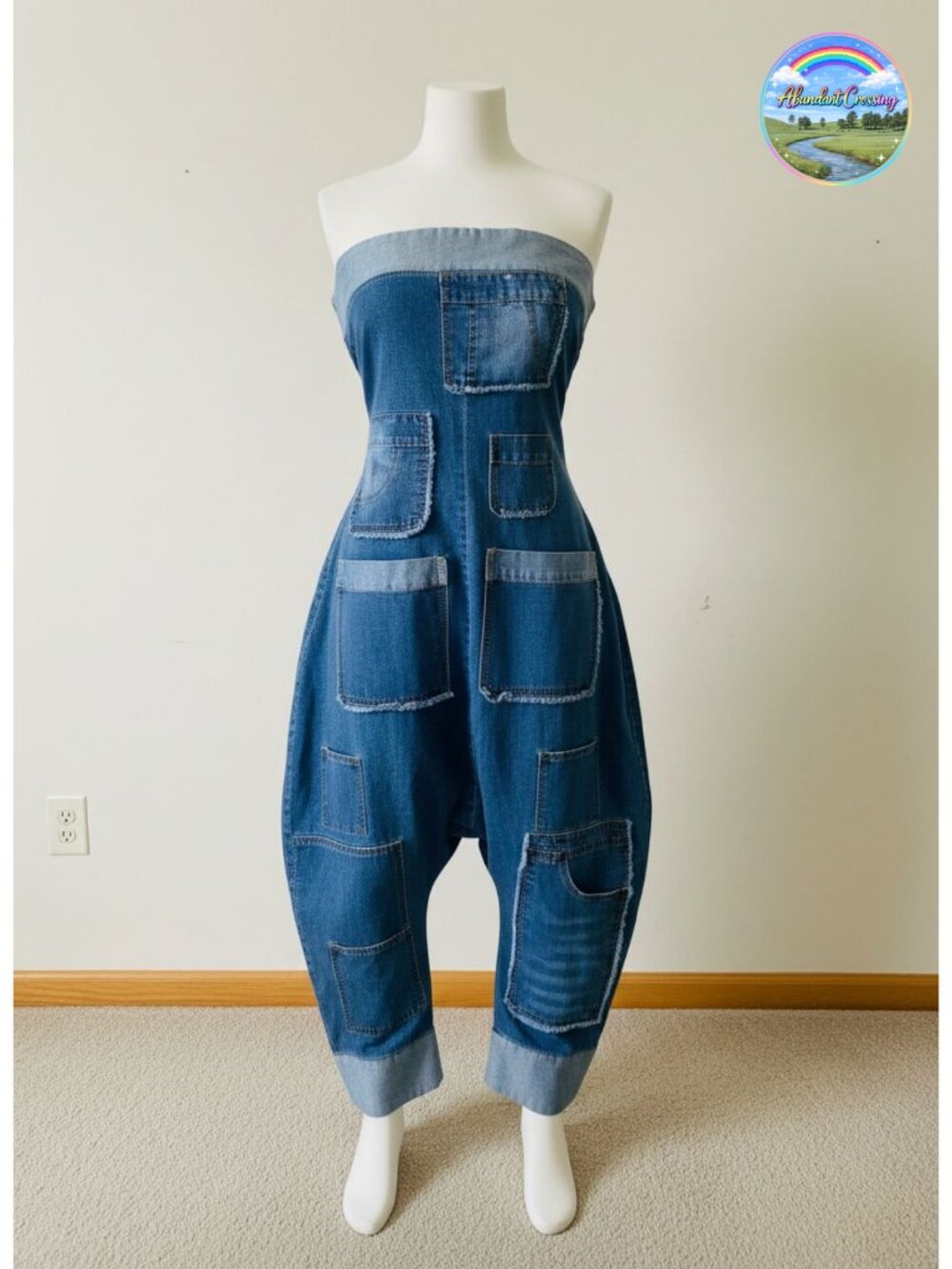 Strapless Denim Jumpsuit Wide Leg Cargo Jean Romper Women's Sleeveless One Piece